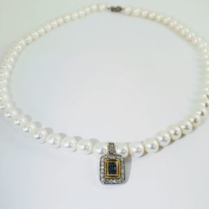 14k Two Tone Blue Diamond Pendant Pearl Enhancer