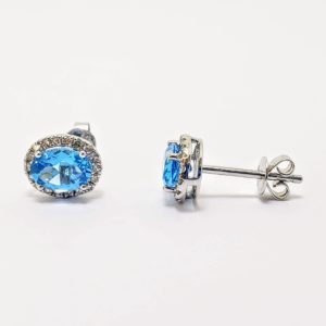 14K White Gold Oval Blue Topaz and Diamond Stud Earrings