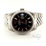 Fine pre-owned Rolex datejust stainless steel black dial with stick markers jubilee bracelet model #16220 year 1997 comes with 1 yr warranty on moving parts only