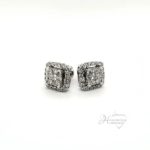 Stunning 14 karat white gold cushion shape diamond halo cluster earrings with screw back post. 1.69 ctw, measures 12.3 x 12.3 mm and weighs 4.9 grams.