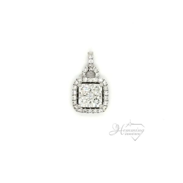 Stunning 14 karat white gold cushion shaped diamond pendant set with 39 round diamonds at 1.33 ctw, si/g-h color weighs 1.6 grams.