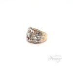 Stunning 14 karat two-tone rose & white gold scattered baguette ring. set with round and baguette diamond at 1.8 ctw, size 7.5, weighs 8.6 grams, 16mm