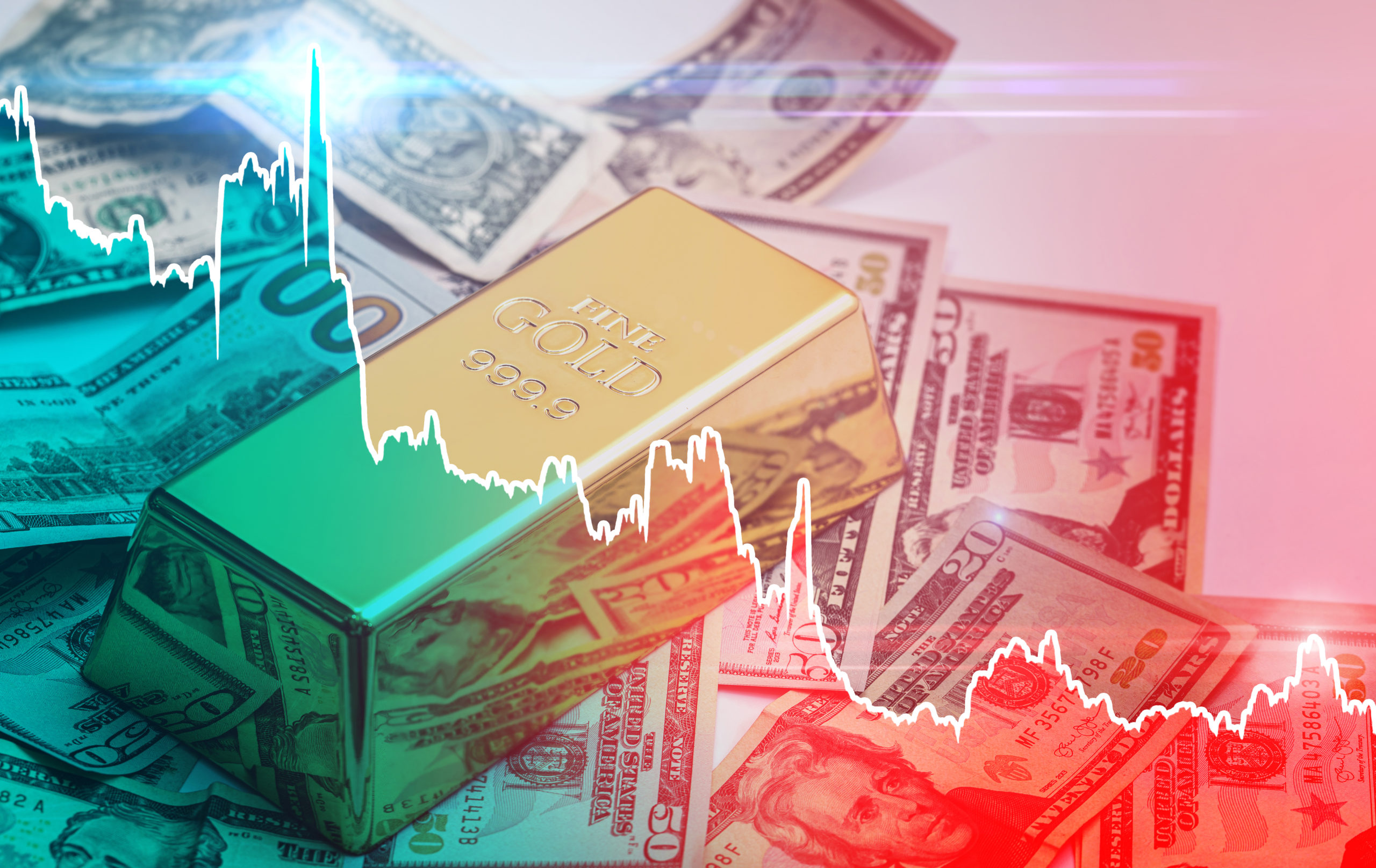 A gold bar sitting on top of cash is overlaid with a graph of stock prices